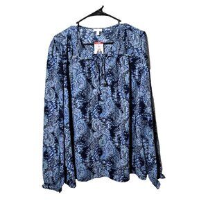 Joie Peasant Blouse Sz XL Paisley Blue Flowy Ruffle Pintucked Boho Artsy Flowy
